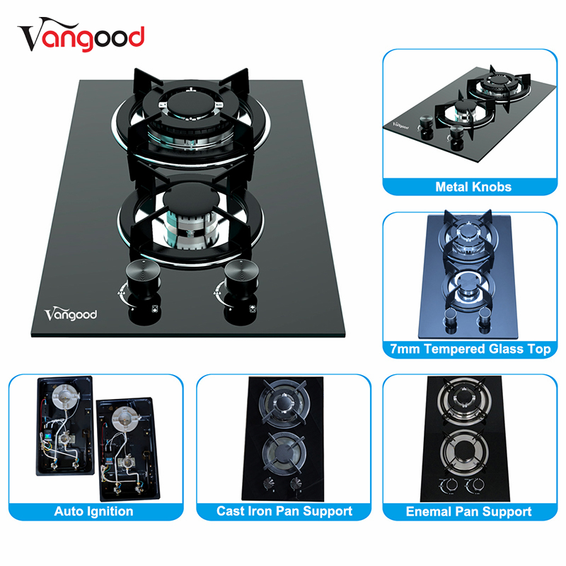 Low price for Three Burner Gas Stove -
 Glass Built-in Double Cooker Burners Cast Iron Domino Gas Hob – Vangood