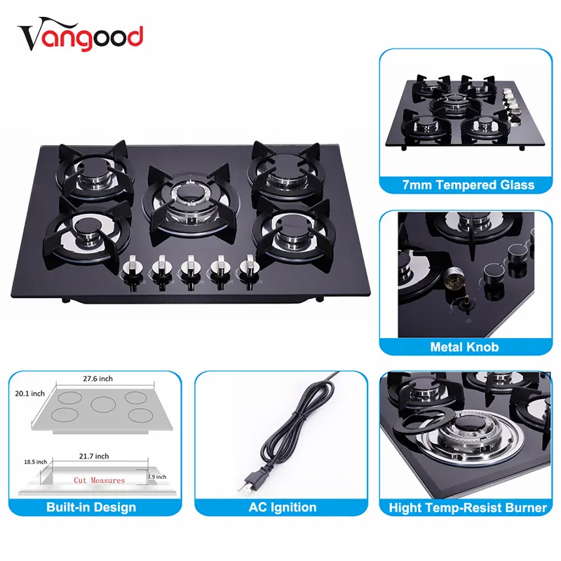 Low price for Three Burner Gas Stove -
 Glass Top 5 Burner Kitchen Built In Countertop Cooking Gas Stove – Vangood